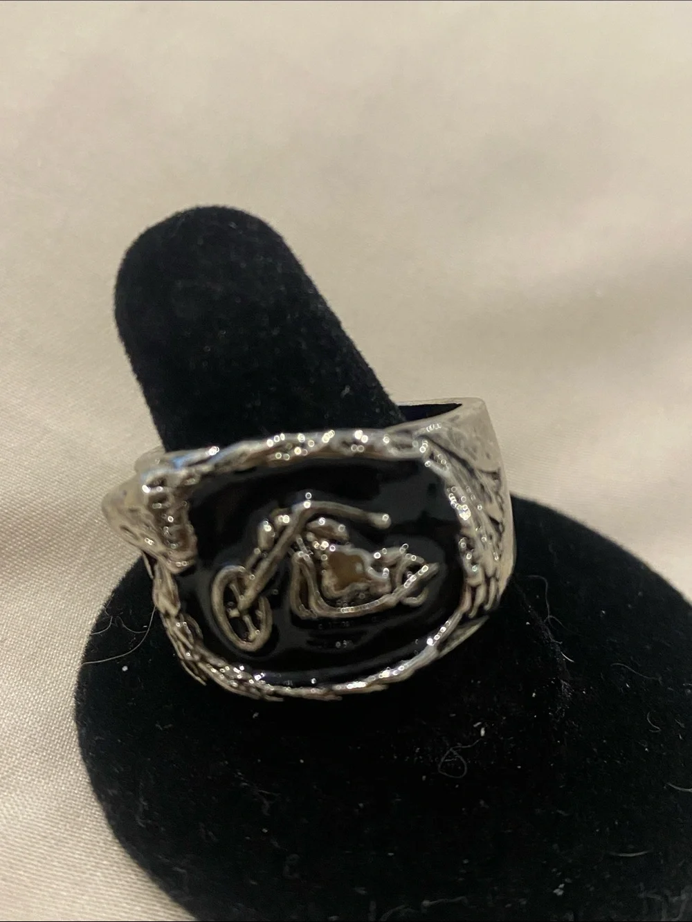 Silver-Tone Men's Motorcycle Emblem Ring in Black Enamel